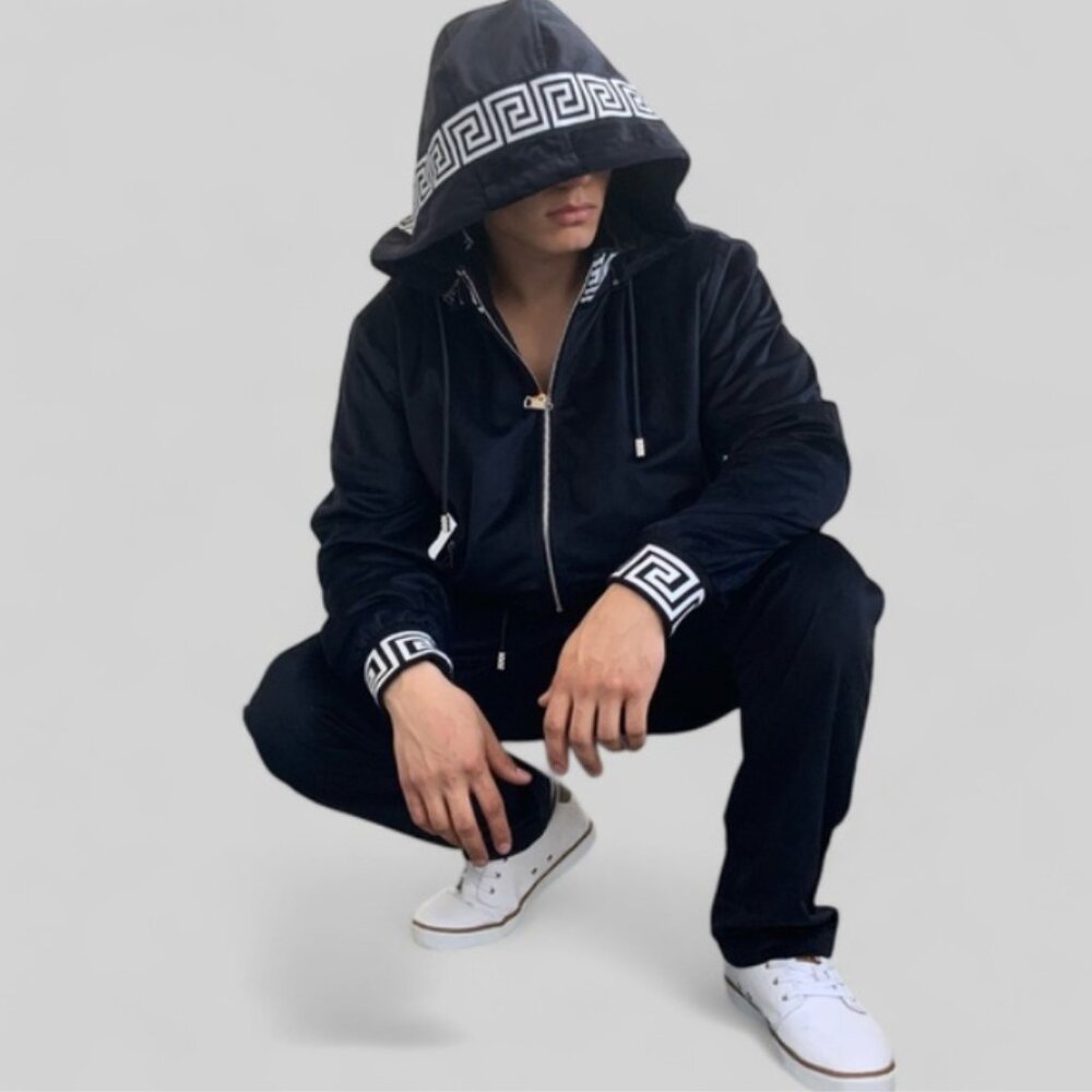 Men's Manzini Black | White Velvet Hooded Casual Tracksuits NWT